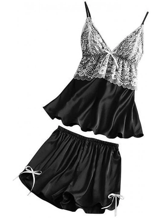 Sets Women Satin Lace V-Neck Camisole Bowknot Shorts Set Sleepwear Pajamas Lingerie - Black - CW194TLH946 $13.43