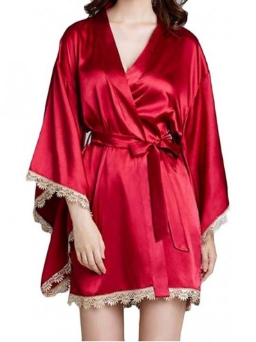 Robes Women Thin Kimono Silk Pajama Cardigan Flared Sleeve Belt Sleepwear Homewear Dress Sleep Robe - Red - CR19DIOI5TG $61.93