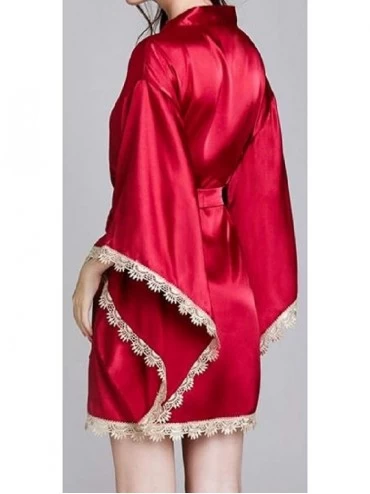Robes Women Thin Kimono Silk Pajama Cardigan Flared Sleeve Belt Sleepwear Homewear Dress Sleep Robe - Red - CR19DIOI5TG $21.57