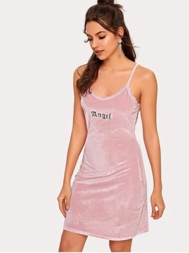 Nightgowns & Sleepshirts Women Casual Letter Embroidery Sleepshirts Lace Velvet Sleeveless Cami Night Dress Pajamas - Pink - ...