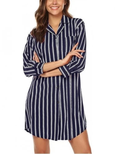 Nightgowns & Sleepshirts Women's Boyfriend Nightshirt 3/4 Sleeve Button Down Striped Nightgown Sleepwear - Navy Blue Striped ...