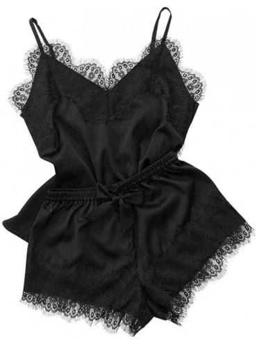 Sets Women's Lace Satin Nightwear Deep V-Neck Cami Pajamas Set Sleepwear Silk Short Pants and Vest - Black 1 - CJ198465K44 $1...