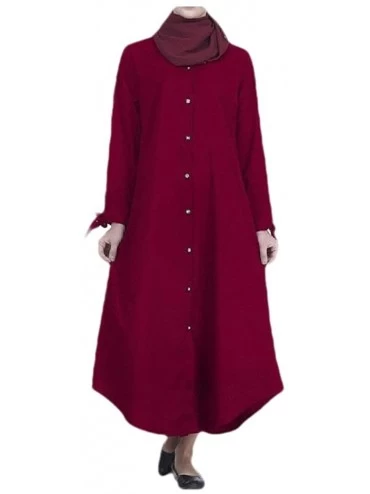 Robes Women Solid-Colored Buttoned Solid Islamic Muslim Kaftan Abaya - Wine Red - CH190N6N72I $33.38