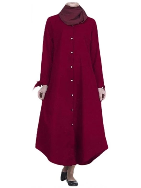 Robes Women Solid-Colored Buttoned Solid Islamic Muslim Kaftan Abaya - Wine Red - CH190N6N72I $33.38