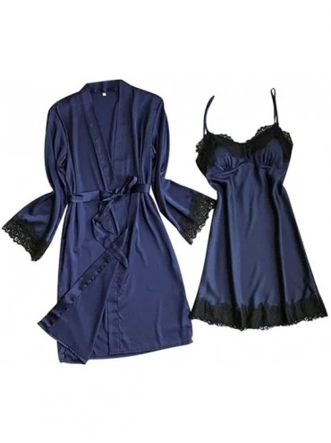 Sets Women's 2PCS Summer Silk Satin Pajama Set Cami Dress Nightgown Sleepwear Robe Sexy Nightwear with Chest Pads Lingerie - ...