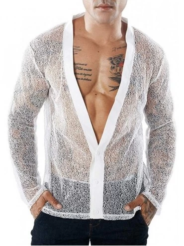 Thermal Underwear Mens Sexy Shirts- See Through Undershirts Long Sleeve Deep V-Neck Blouse Cardigan - White - C519724YOTS $26.95
