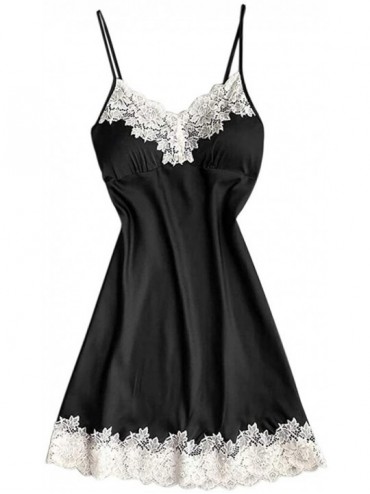 Robes Satin Sleepwear Women Ladies Nightwear Nightdress Sexy Lingerie with Chest Pads - Black - C1194S8UY29 $27.42