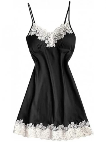 Robes Satin Sleepwear Women Ladies Nightwear Nightdress Sexy Lingerie with Chest Pads - Black - C1194S8UY29 $13.53