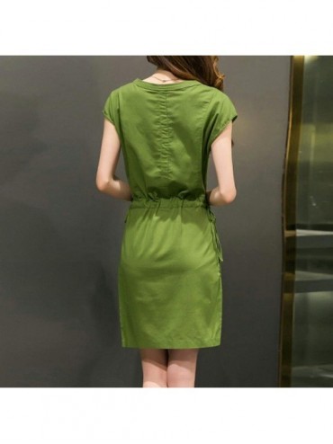Thermal Underwear Button Down Shirt Dress for Women Elegant Knee Length Short Sleeve Dresses Party - Green - CE18GUQQXUH $36.21