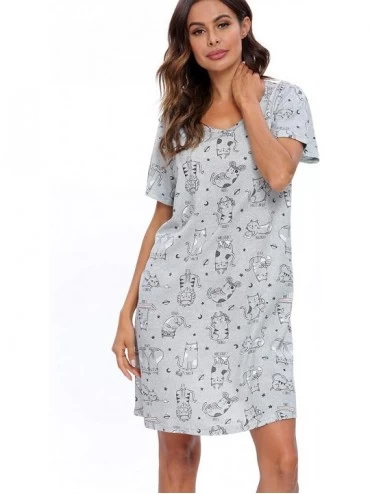 Nightgowns & Sleepshirts Womens' Short Sleeve Nightgown Print Sleep Dress Cute Sleepwear - Cat - CY18I5L799Q $18.34