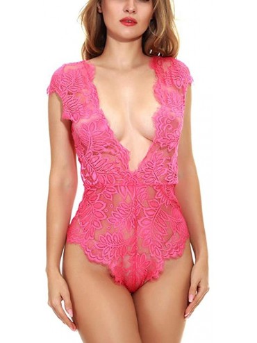 Baby Dolls & Chemises Women Lace Lingerie Leaf Embroidery Perspective Deep V Bodysuit Mini Babydoll Sexy Underwear - Hot Pink...