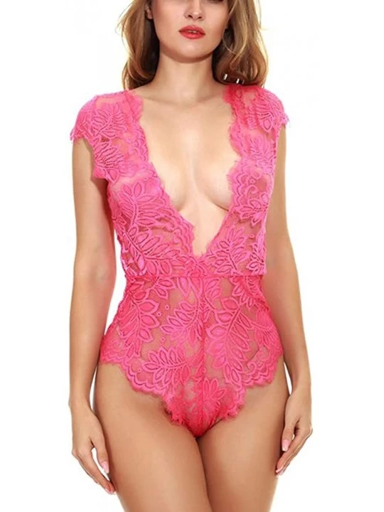 Baby Dolls & Chemises Women Lace Lingerie Leaf Embroidery Perspective Deep V Bodysuit Mini Babydoll Sexy Underwear - Hot Pink...