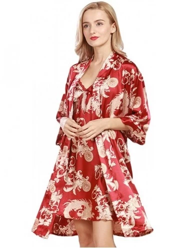 Nightgowns & Sleepshirts Womens Pajamas Sets Satin Nightgown 2Pcs Printed Chemise Lounge Nightdress Summer Bath Robe Gown Set...