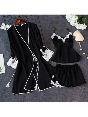 Baby Dolls & Chemises Women Pajama Sets Ladies Sexy Plus Size Sling Loose Robe Dress Babydoll Nightdress 4pcs Set - Black - C...