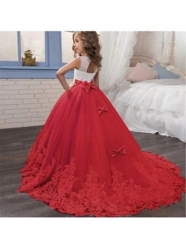 Slips Girls Embroidery Princess Dress Wedding Birthday Party Long Tail Prom Gowns - A-red - CL18W6WUTHI $29.05