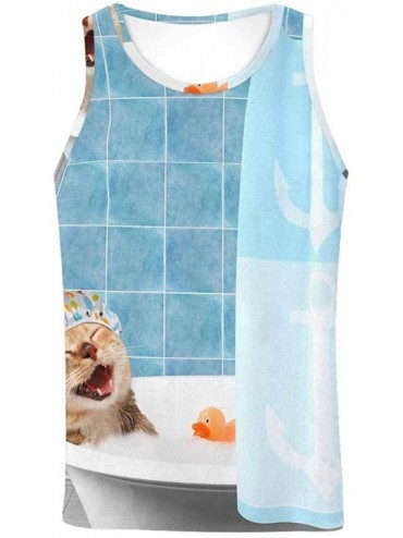 Undershirts Men's Muscle Gym Workout Training Sleeveless Tank Top Funny Cat is Taking a Bath - Multi1 - CB19DLNO5WM $59.87
