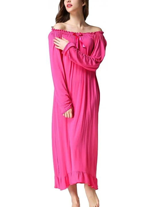 Nightgowns & Sleepshirts Women's Vintage Nightgown Long Sleeve Victorian Cotton Ruched Loose Fit Sleep Dress - Rose - CC18WNS...