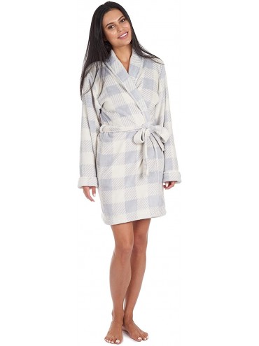 Robes Women's Luxury Plush Robe Mid-Length Bathrobe with Pockets - Ivory and Grey Bufflo Plaid - C7193O5YICA $48.70
