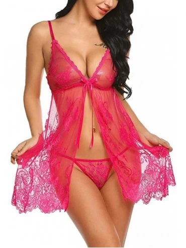 Baby Dolls & Chemises Babydoll Lingerie for Women Honeymoon V Neck Chemise Sexy Exotic Open Front Negligee Nightdress - Hot P...