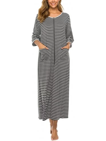 Robes Zipper Front Robes Women House Coat Half Sleeve Loungewear Long Nightgown with Pockets - Grey and White Stripes - CM18W...