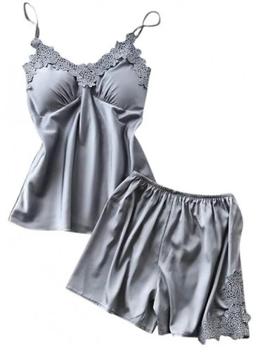 Sets Women Sleepwear Satin Pajamas Set Lace Camisole Shorts Nightwear - Gray - CN18UXSYYC6 $11.13