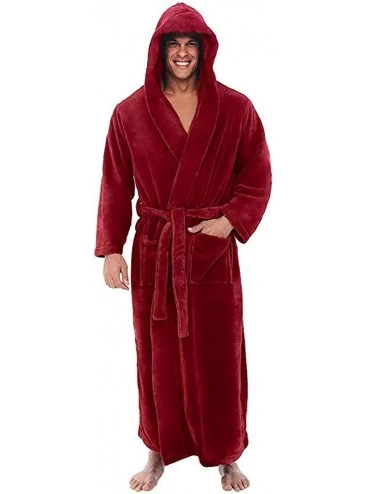 Robes Men's Winter Plush Lengthened Shawl Bathrobe Clothes Long Sleeved Coat - Red - CZ193IKC84G $39.30