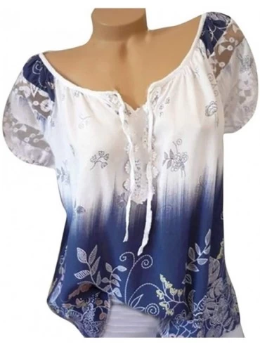 Thermal Underwear Lace Printed Tops Women Short Sleeve V-Neck Loose T-Shirt Blouse - A White - CI18U9RQ9N3 $26.27