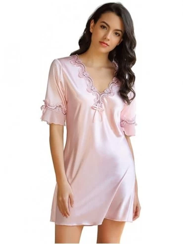 Baby Dolls & Chemises Women Lingerie V Neck Satin Chemise Short Sleeve Nightgown Sleepwear - Pink - C8195AKAZYW $34.16