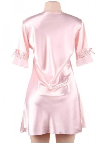 Baby Dolls & Chemises Women Lingerie V Neck Satin Chemise Short Sleeve Nightgown Sleepwear - Pink - C8195AKAZYW $16.86