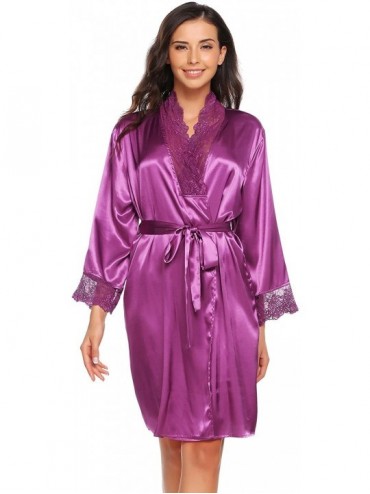 Robes Women Kimono Robes Lace Patchwork Satin Nightdress Dressing Gown with Belt - Violet - CU18C06MA6G $81.77
