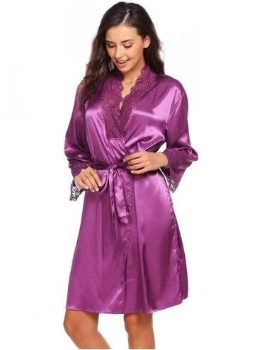 Robes Women Kimono Robes Lace Patchwork Satin Nightdress Dressing Gown with Belt - Violet - CU18C06MA6G $45.21