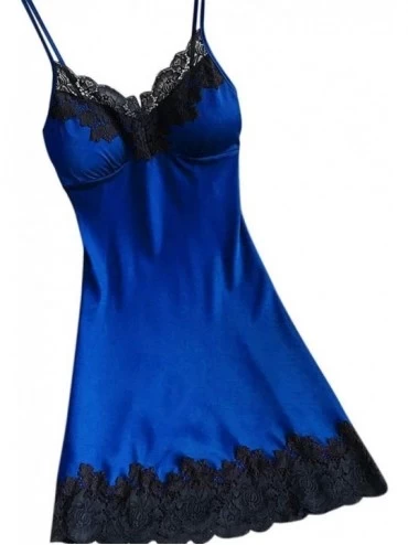 Nightgowns & Sleepshirts Satin Sleepwear Women Ladies Nightwear Nightdress Sexy Lingerie with Chest Pads - Blue - C7199UW20WS...