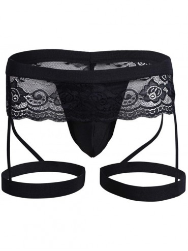 G-Strings & Thongs Men's Sexy Lace Thong Bikini Sissy Briefs Lingerie with Garter - Black - CU187KD3QUY $36.95