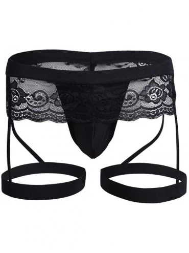 G-Strings & Thongs Men's Sexy Lace Thong Bikini Sissy Briefs Lingerie with Garter - Black - CU187KD3QUY $20.84