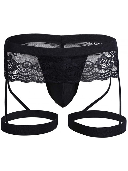 Men's Sexy Lace Thong Bikini Sissy Briefs Lingerie with Garter - Black ...