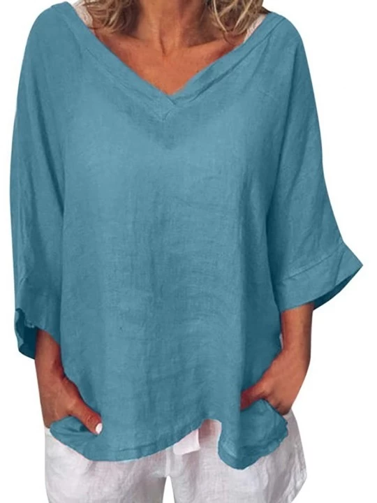 Tops Summer Tops for Women 2020 Linen Shirts for Women Casual O Neck 3/4 Sleeve Solid Linen T Shirt Loose Pullover Blue - CH1...