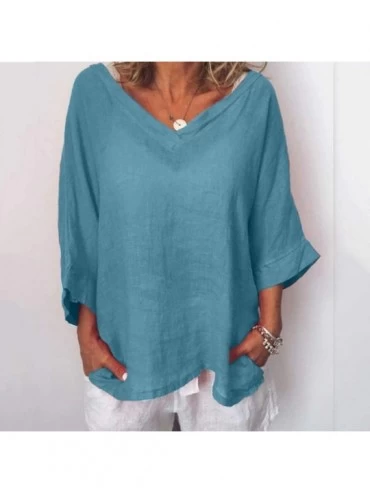Tops Summer Tops for Women 2020 Linen Shirts for Women Casual O Neck 3/4 Sleeve Solid Linen T Shirt Loose Pullover Blue - CH1...