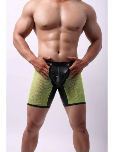 Boxers Men's See Through Sexy Mesh with Faux Leather Loose Shorts Pants Erotic Clubwear Button Removable Pouch - Leather Gree...