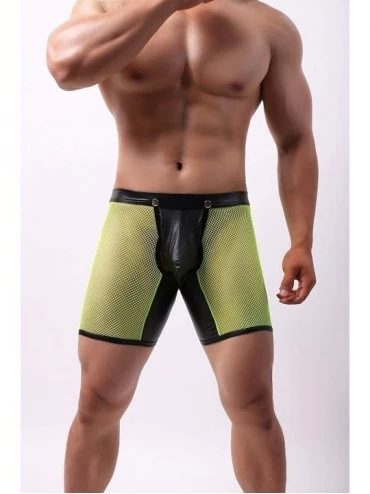 Boxers Men's See Through Sexy Mesh with Faux Leather Loose Shorts Pants Erotic Clubwear Button Removable Pouch - Leather Gree...