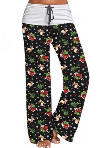 Bottoms Women's Comfy Stretch Floral Print Drawstring Long Wide Leg Lounge Pants - Christmas/Moose Santa Claus-green - CV18A0...