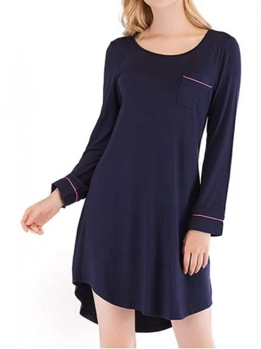 Nightgowns & Sleepshirts Womens Sleepshirt Long Sleeve Nightwear Boyfriend Pajama Dress with Pockets P11 - Navy Blue - CO18N7...