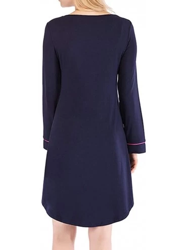 Nightgowns & Sleepshirts Womens Sleepshirt Long Sleeve Nightwear Boyfriend Pajama Dress with Pockets P11 - Navy Blue - CO18N7...