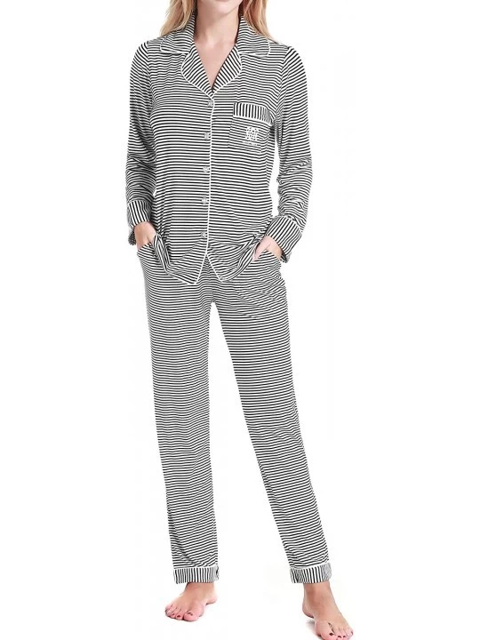 Sets Pajamas Set Long Sleeve Sleapwear Womens Button Down Nightwear Soft Pj Lounge Sets XS XL 1 black and White Stripes - CS1...