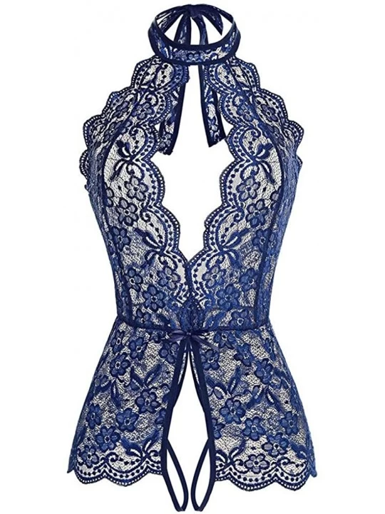 Bras Sexy Women Lace Bodysuit Sexy Lingerie Jumpsuit Open Underwear - Blue - CX18ZEZRTGG $8.85