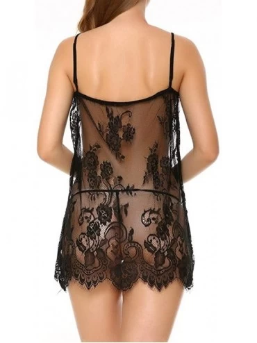 Baby Dolls & Chemises Women's Lace Floral Babydoll Open Front Lingerie Set Sexy Nightgown Chemise Sleepwear - Black - CT1895T...