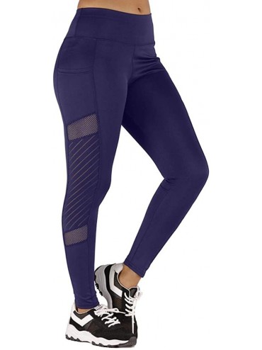 Thermal Underwear Mesh Yoga Pants for Women with Pocket High Waist Workout Leggings Splice Stretchy Tight Pants - Blue - C919...