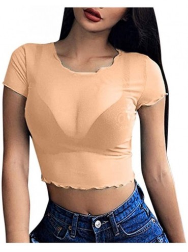 Accessories Women's Sexy Sheer Mesh See Through Short Sleeve Crop Tops Casual Short T Shirts - Orange - CU199XKI9NE $31.98