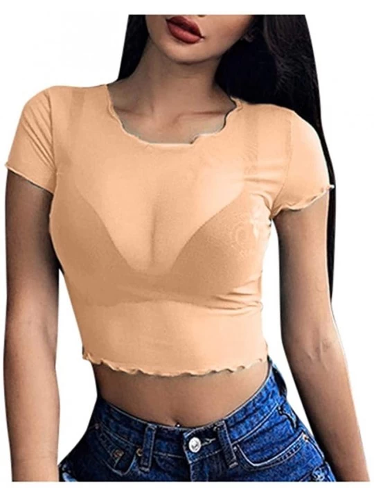 Accessories Women's Sexy Sheer Mesh See Through Short Sleeve Crop Tops Casual Short T Shirts - Orange - CU199XKI9NE $13.03