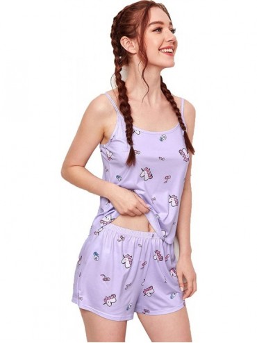 Sets Women's Cartoon Print Spaghetti Strap Cami Pajama Set Short Sleepwear - Unicorn Purple - C119DW8K0XM $39.64