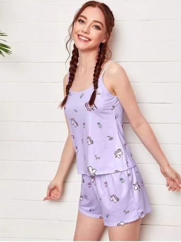 Sets Women's Cartoon Print Spaghetti Strap Cami Pajama Set Short Sleepwear - Unicorn Purple - C119DW8K0XM $16.52